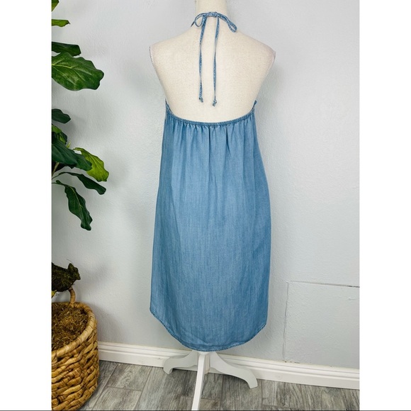 CLOTH & STONE LIGHT BLUE DENIM EMBROIDERED HALTER TOP high low pocket DRESS - Picture 3 of 7